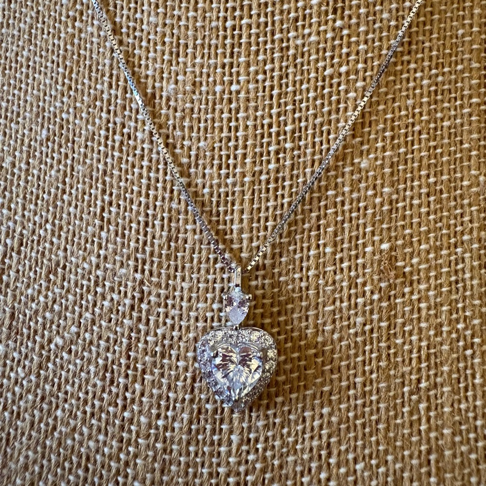 Solid Sterling Silver .8 Carat Moissanite Halo Heart Necklace